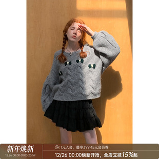 DIDDIMODA蝴蝶结灰色套头针织毛衣圆领宽松针织上衣 清仓特惠