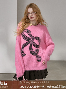 DIDDI MODA条纹蝴蝶结针织毛衣女宽松圆领仿貂毛软糯套头衫高级感