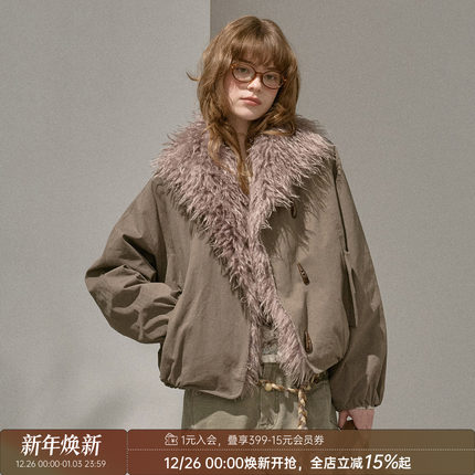 DIDDIMODA 毛绒大翻领花苞毛毛外套长袖宽松保暖加绒夹克冬季新款