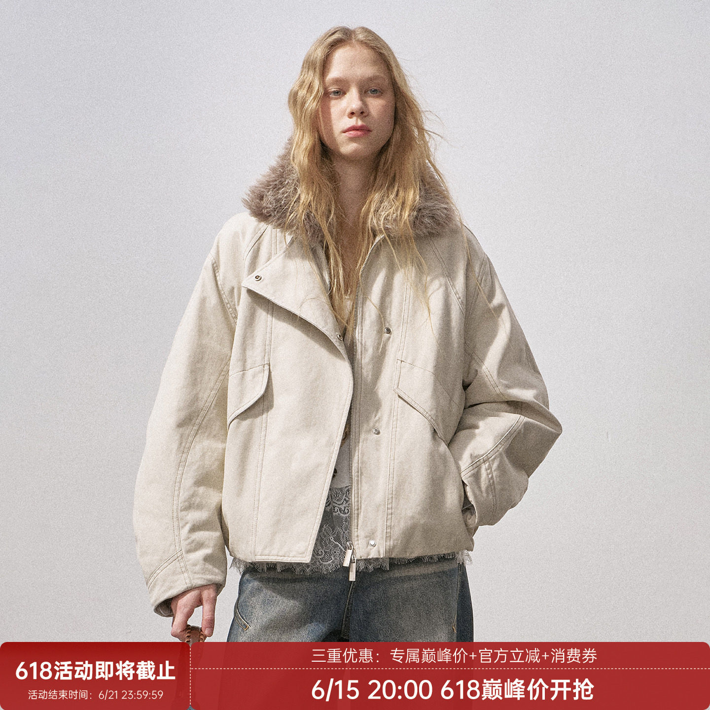 DIDDIMODA 弧形袖水洗毛领棉服毛毛夹棉夹克外套女短款冬季新款