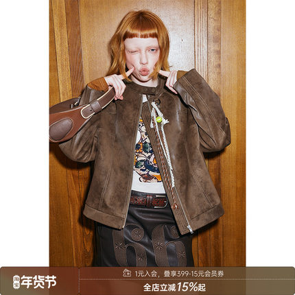 DIDDIMODA甜酷风撞色机车版型夹克压线拼接皮衣外套女高级感