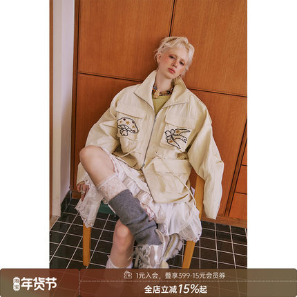 DIDDI MODA 宽松落肩百搭工装大口袋刺绣风衣外套女春秋