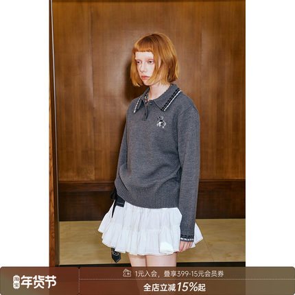 DIDDIMODA学院风爱心小猫绣花Polo领针织毛衣秋冬少女感上衣