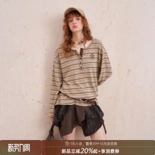 打底衫 T恤polo衫 秋冬 复古棕色条纹宽松圆领刺绣长袖 DIDDIMODA