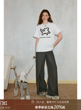 DIDDI MODA电音炸毛小狗印花T恤圆领宽松落肩垂感舒适短袖上衣女