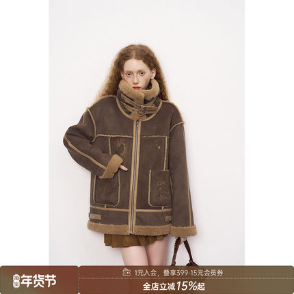 DIDDI MODA 重磅刺绣皮毛一体拼接夹克外套毛茸茸保暖皮草外套女