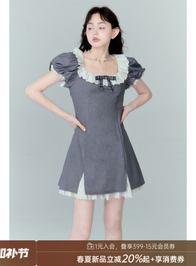 【清仓特惠】DIDDI甜美灵动撞色短裙镂空蕾丝蝴蝶结方领连衣裙