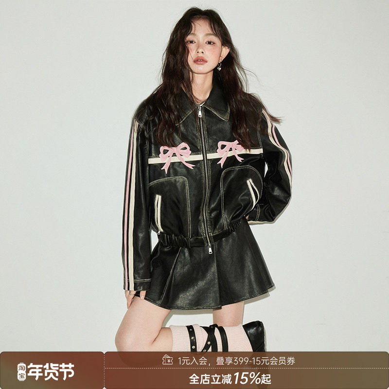 DIDDI MODA 原创设计 甜酷蝴蝶结复古擦色黑色皮衣女外套,女装/女士精品,皮衣,淘宝优惠券,粉丝福利购,淘宝优惠卷