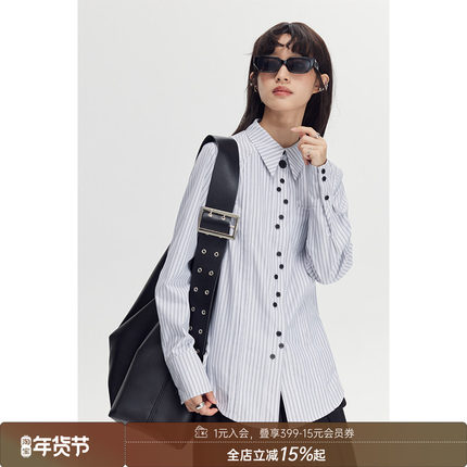 【清仓特惠】DIDDI 百搭错落纽扣收腰衬衫女秋款长袖polo领上衣