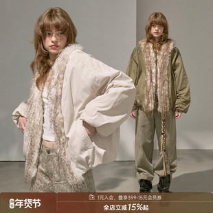 DIDDIMODA 落肩立体时尚简约毛领绣花白色夹克冬季外套棉服女