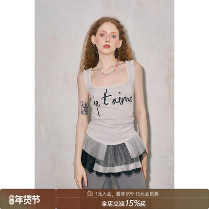 DIDDIMODA 字母印花方领无袖修身甜酷蕾丝拼接背心上衣女