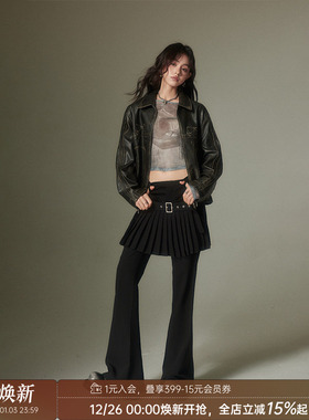 【清仓特惠】DIDDI MODA叠穿复古风假两件百褶裙裤高腰微喇叭裤