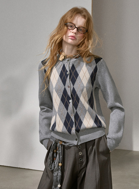 DIDDI MODA 复古拼色菱格修身针织开衫外套女内搭可外穿