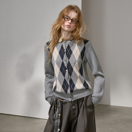 DIDDI MODA 复古拼色菱格修身针织开衫外套女内搭可外穿