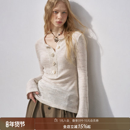 DIDDI MODA宽门襟亨利领亮片针织打底衫新款宽松女士秋冬加厚毛衣