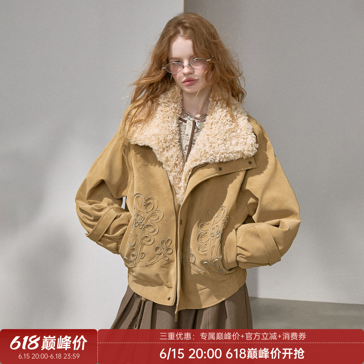 DIDDI MODA 盘带绣夹棉毛毛领翻领保暖宽松挺廓短款长袖皮衣冬季