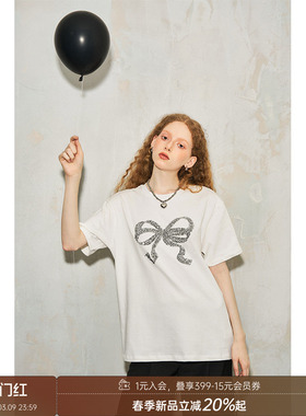 DIDDI MODA蝴蝶结闪闪珠片刺绣T恤慵懒宽松圆领别致独特短袖上衣