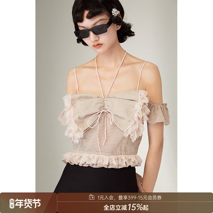【清仓特惠】DIDDI粉格挂脖蝴蝶结蕾丝纯欲风无袖上衣2025年夏季