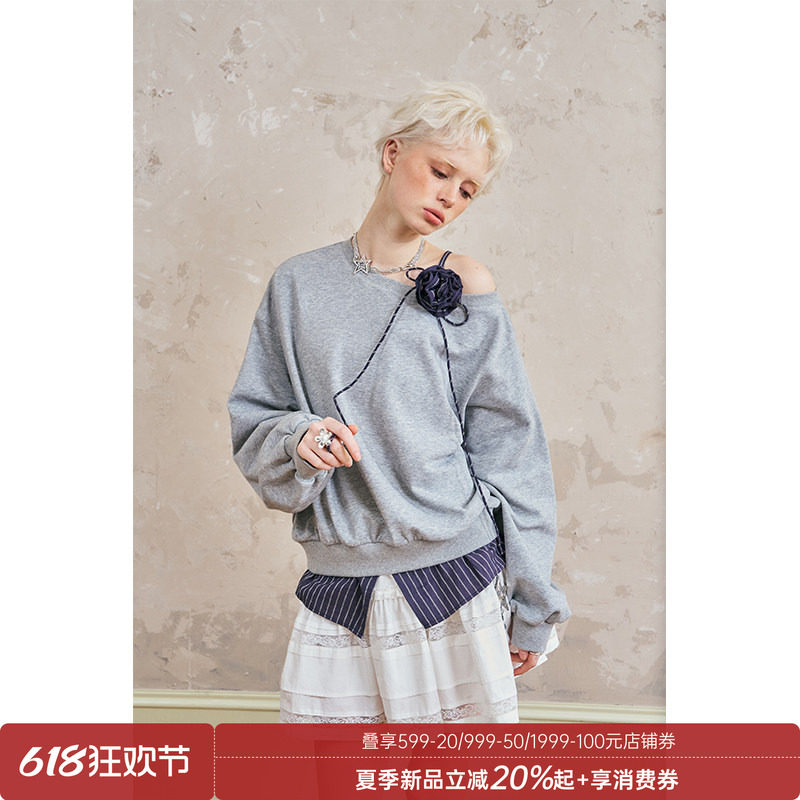 DIDDI MODA 宽松舒适百搭斜肩上衣假两件花朵长袖卫衣女春秋