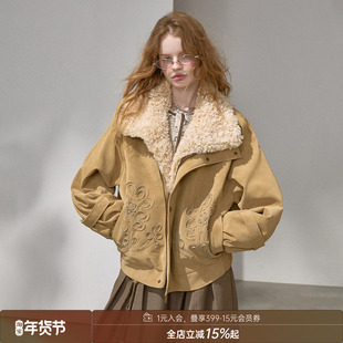 DIDDI MODA 盘带绣夹棉毛毛领翻领保暖宽松挺廓短款长袖皮衣冬季