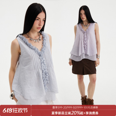 DIDDIMODA 花边条纹蓝色荷叶边背心V领无袖小上衣女2026新款