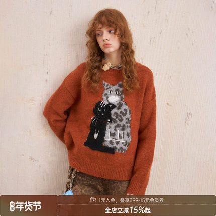 DIDDIMODA 小黑与豹纹小猫刺绣圆领套头落肩宽松冬季圆领毛衣