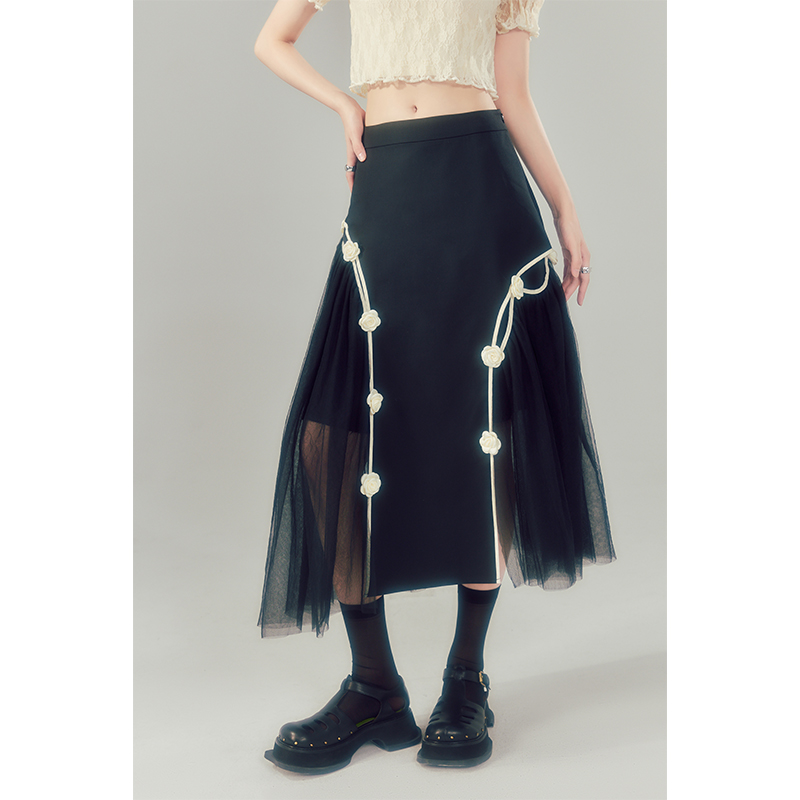 高腰蝴蝶结网纱拼接不规则半身裙