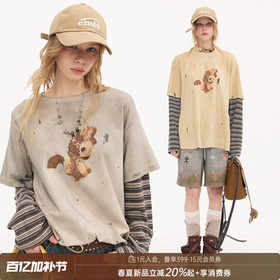 DIDDIMODA“马上开花”假两件拼接长袖宽松t恤早春上衣2026新款