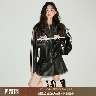 甜酷蝴蝶结复古擦色黑色皮衣女外套 原创设计 DIDDI MODA