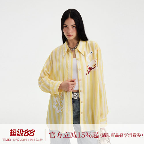 DIDDIMODA “花与飞鸟”度假感黄白条纹翻领衬衫女夏2026新款