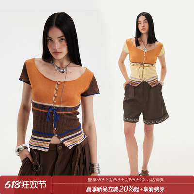 DIDDIMODA 橘拼咖拼色条纹针织U型领巨好看短袖t恤女夏2026新款