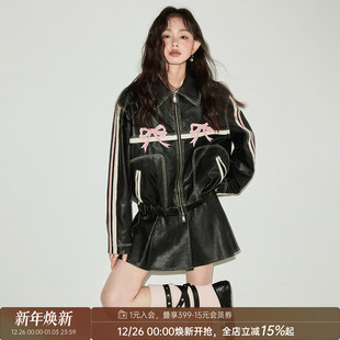 甜酷蝴蝶结复古擦色黑色皮衣女外套 原创设计 DIDDI MODA