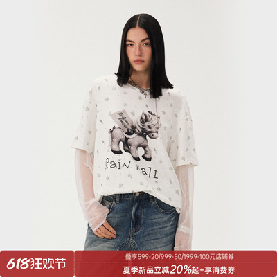 DIDDIMODA碎花“礼物小马”假两件拼接白色短袖T恤女夏2026新款