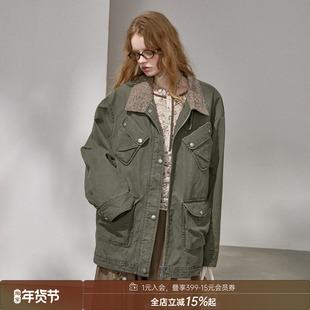 DIDDI MODA 工装口袋豹纹拼色洗水夹克夹棉外套棉服女保暖冬季