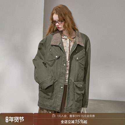 DIDDI MODA 工装口袋豹纹拼色洗水夹克夹棉外套棉服女保暖冬季