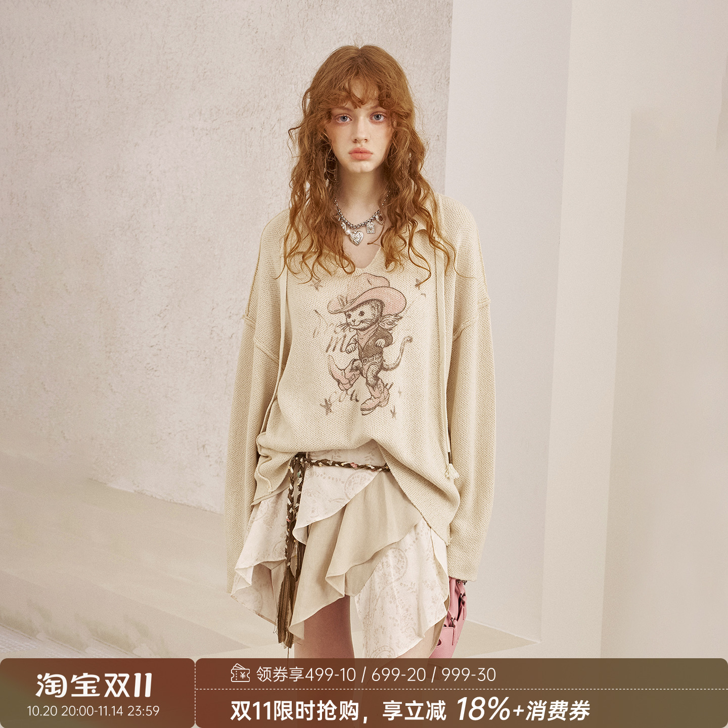 DIDDIMODA 牛仔猫印花v领套头宽松镂空罩衫针织衫初秋穿搭