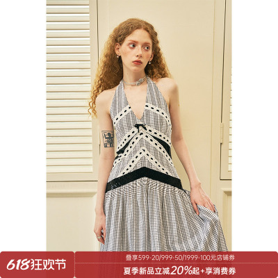 DIDDI MODA 度假风气质V领拼接连衣裙蕾丝珠片绝美挂脖连衣裙女
