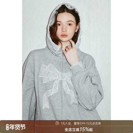 DIDDI MODA可爱蕾丝蝴蝶结灰色连帽卫衣宽松休闲长袖上衣2025