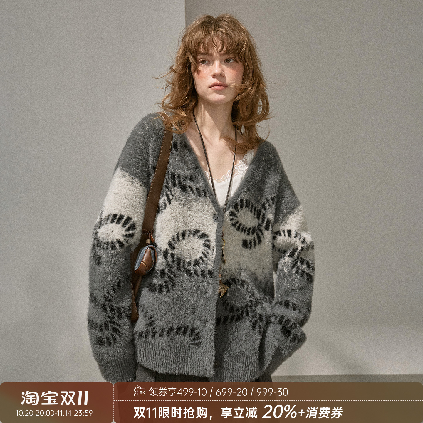 DIDDIMODA 蝴蝶结渐变仿貂毛宽松V领针织开衫外套外穿2025新款