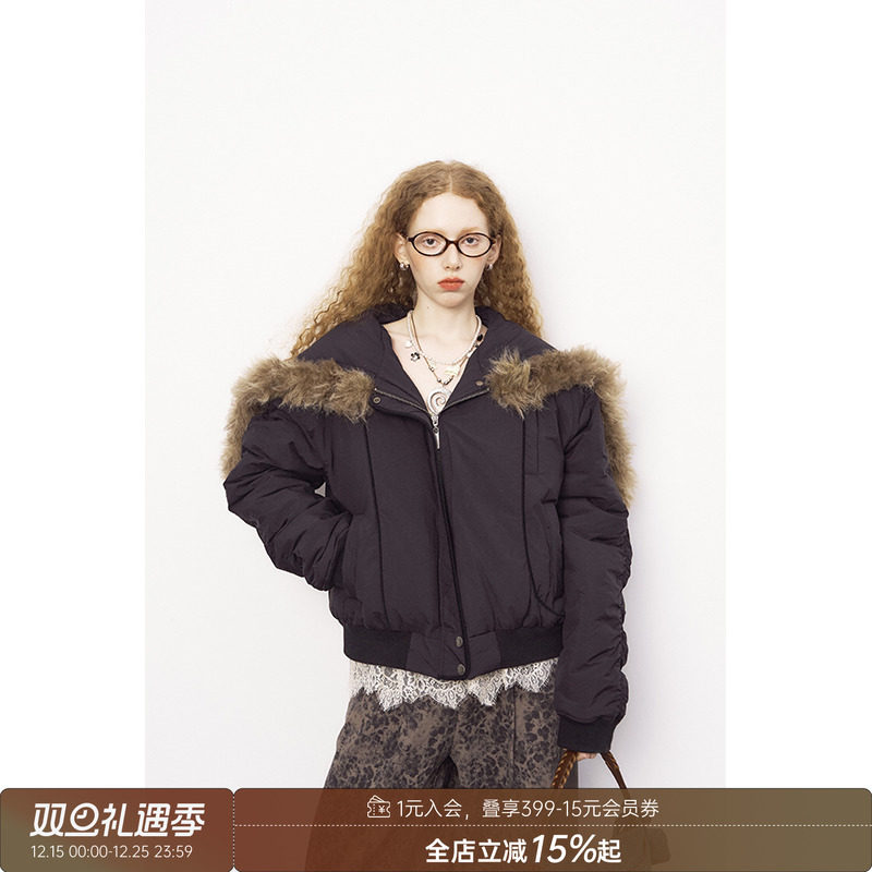 DIDDIMODA 可拆卸拉链披肩大翻领连帽毛毛黑色短款棉服女冬季外套