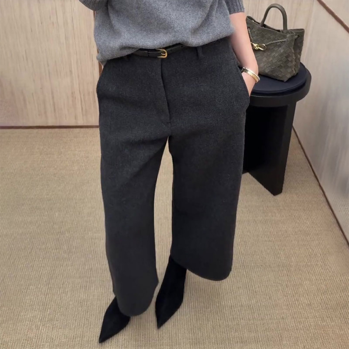 灰色毛呢加绒西装裤女秋冬新款大码宽松显瘦小个子九分直筒阔腿裤