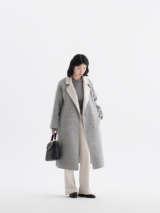 REST HEART 2023秋冬新品 翻领拼色双面羊毛大衣上衣女