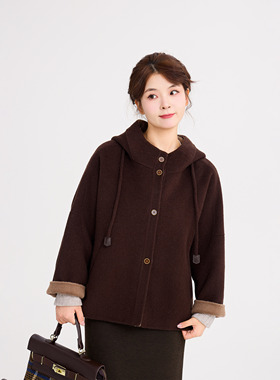 REST HEART 2025冬季新品 戴帽中长款斗篷双面羊毛大衣外套女