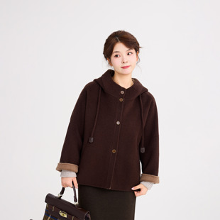 REST HEART 2025冬季新品 戴帽中长款斗篷双面羊毛大衣外套女