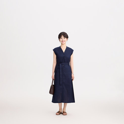REST HEART 2025夏季新品 V领纯色百分百全亚麻连衣裙
