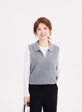 REST HEART 2025秋冬新品 翻领羊毛针织灰色背心