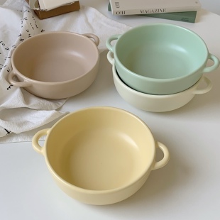 网红双耳陶瓷碗圆形家用创意烘焙烤箱烤碗儿童蒸蛋碗酸奶碗燕麦碗