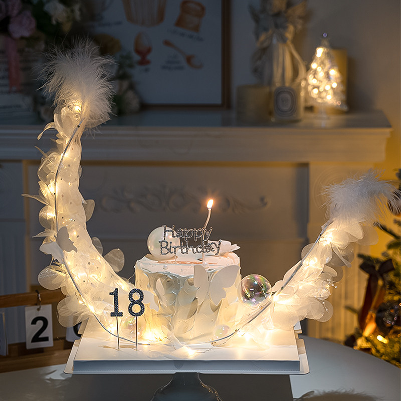 网红月亮船18岁蛋糕装饰ins唯美女神生日派对白色蝴蝶甜品台装扮