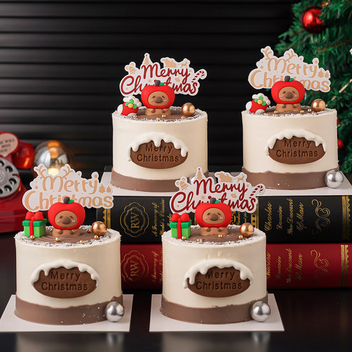 圣诞节苹果豚卡皮巴拉蛋糕装饰摆件Merry Christmas字母烘焙插牌