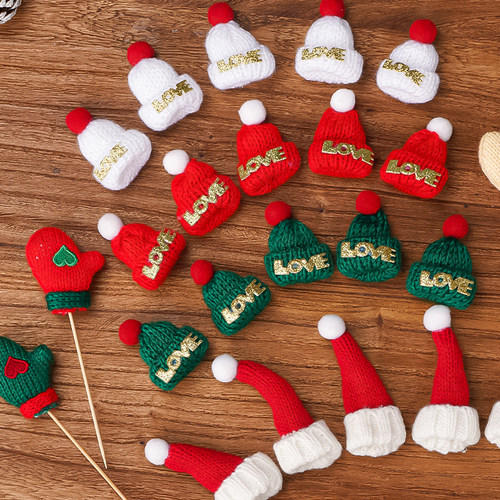 圣诞节蛋糕装饰毛线绿色红色小帽